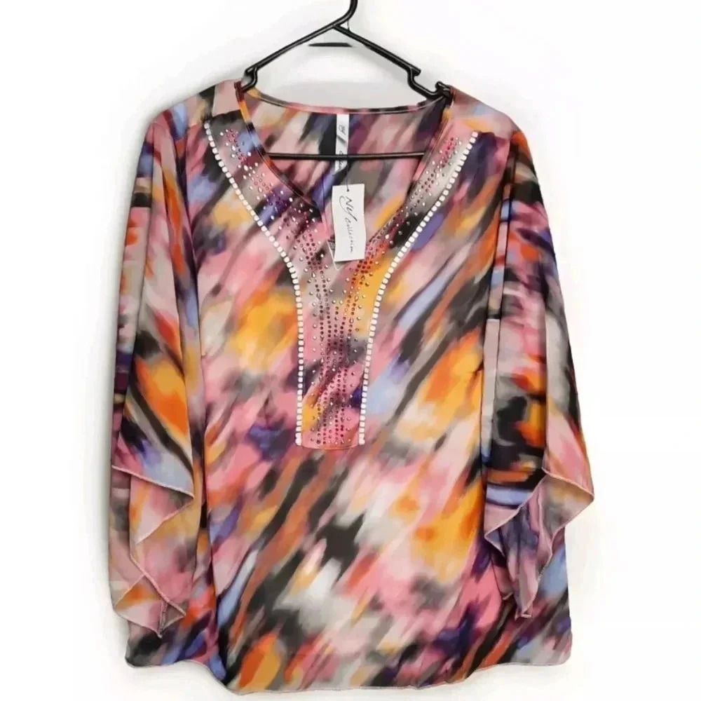 NY Collection Layered Colorful Lightweight Beaded Top Blouse Womens Size XL NWT